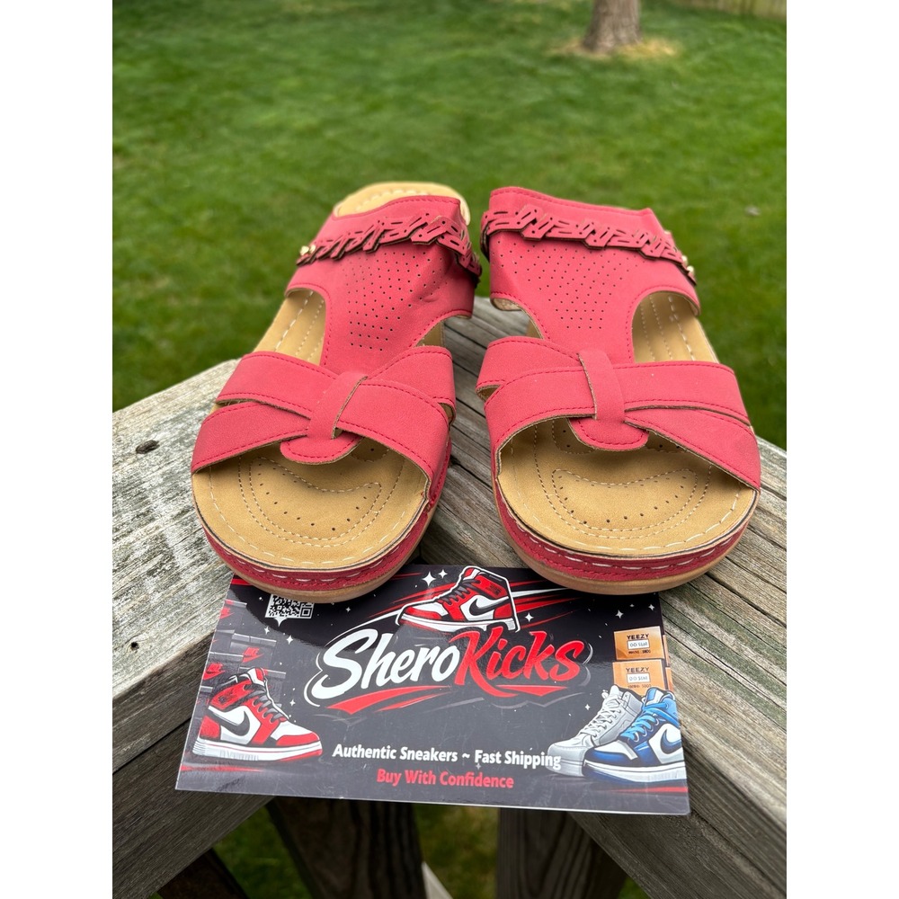 Red Laser Cut Slide Sandals with Cushioned Footbed and Gold Hardware Size 43